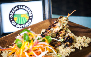 Charcoal chicken satay with Thai bulgur salad and peanut dressing