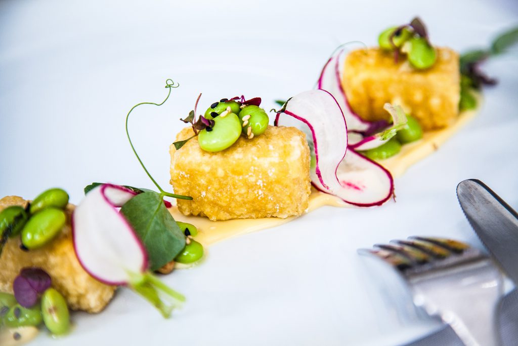 Crispy tofu with ginger edamame