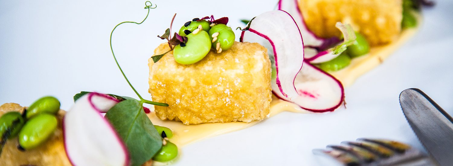 Crispy tofu with ginger edamame