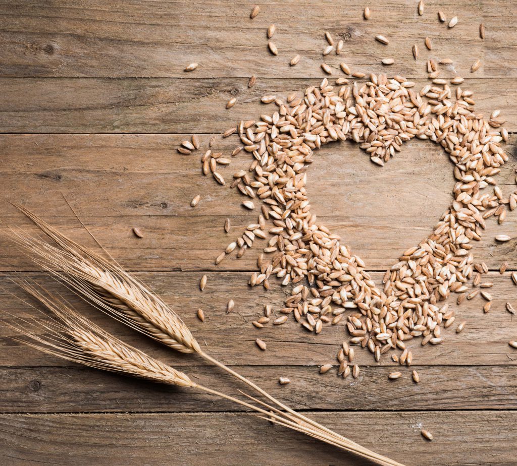 grains of barley on a table arranged to form a heart