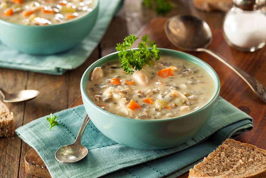 pulled chicken soup with wheat berries and vegetables