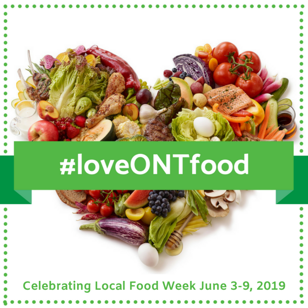 a heart made out of different fresh foods with the hashtag #loveONTfood in a banner overtop