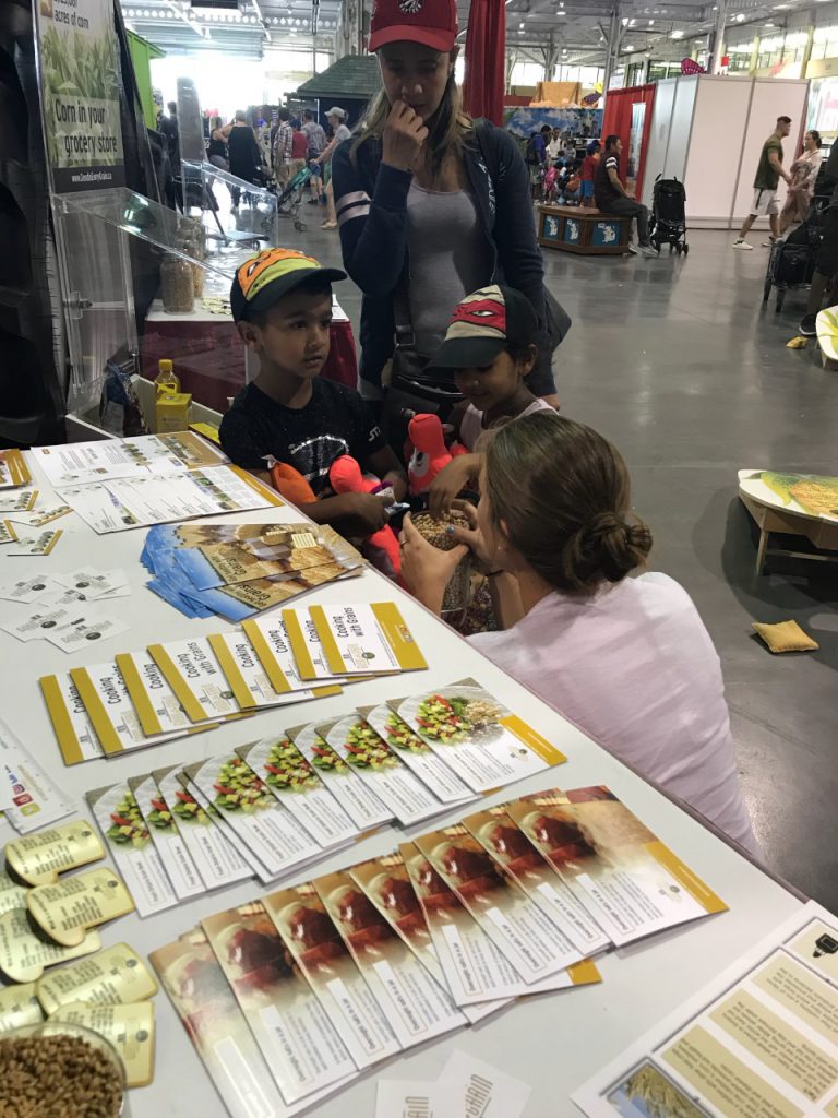 Grain Discovery Zone 2019 Ambassador  showing young kids what soybeans are at Canadian National Exhibition. Woman Teaching Kids about Ontario Grains