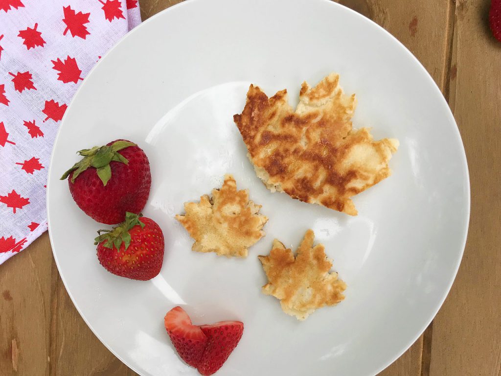 pankaes cut into shape of maple leaf using a cookie cutter. 