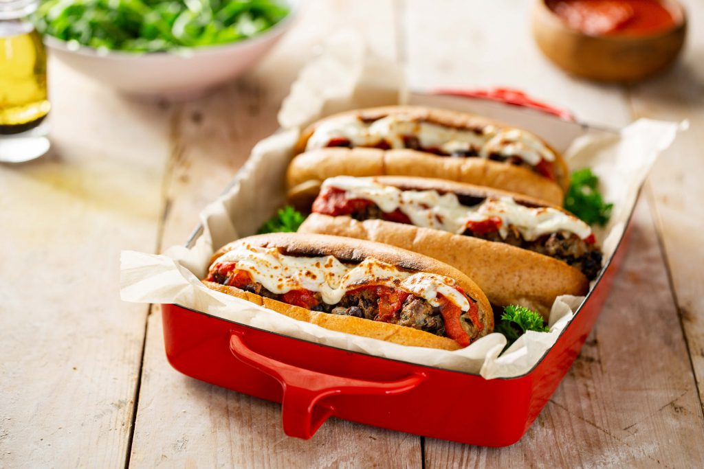 meatball subs made from Ontairo beans, beef on a toasted whole wheat bun. 