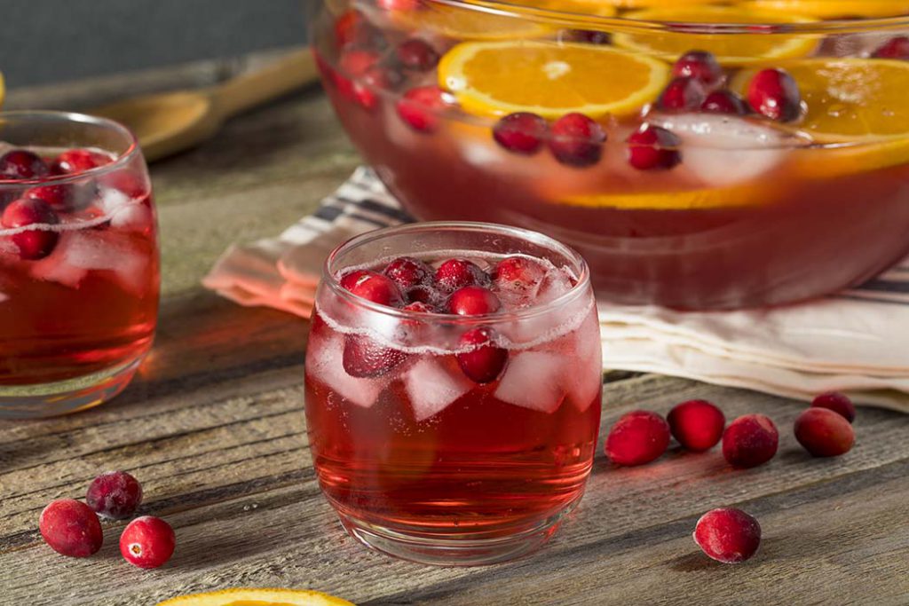 cranberry whisky cocktail with frozen cranberries and orange slices