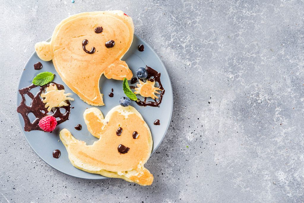 whole wheat pancakes cooked into the shape of a ghost! 