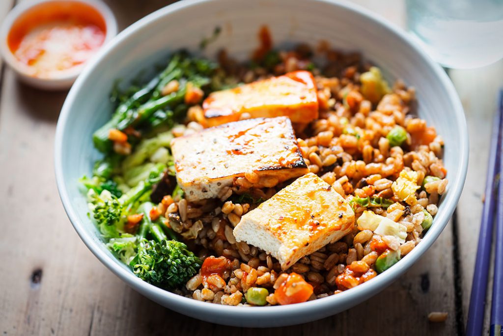 charred tofu and barley bowl