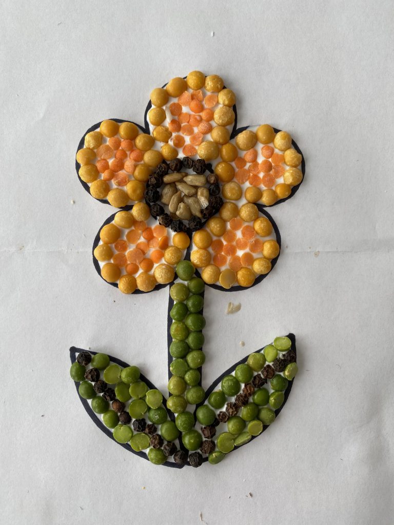 Bean flower mosaic using beans and lentils. 